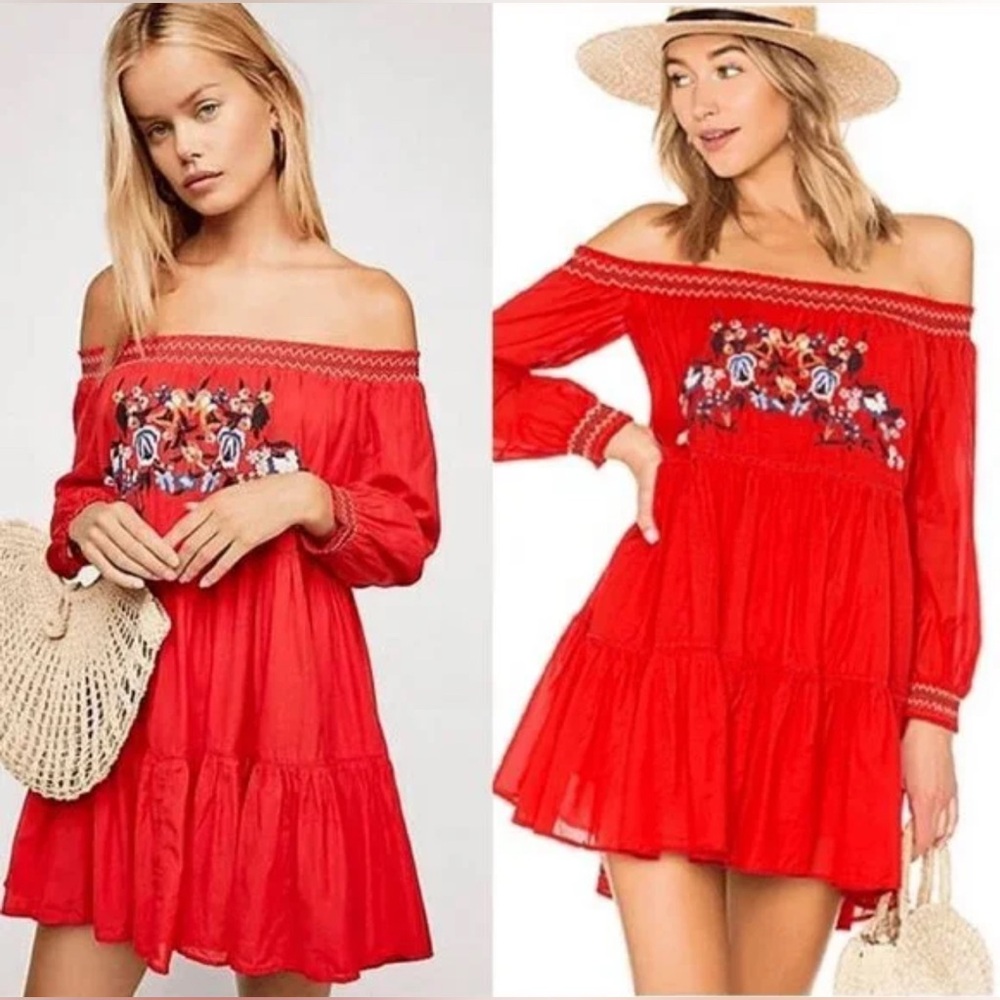 Free People Red Off-Shoulder Floral Dress